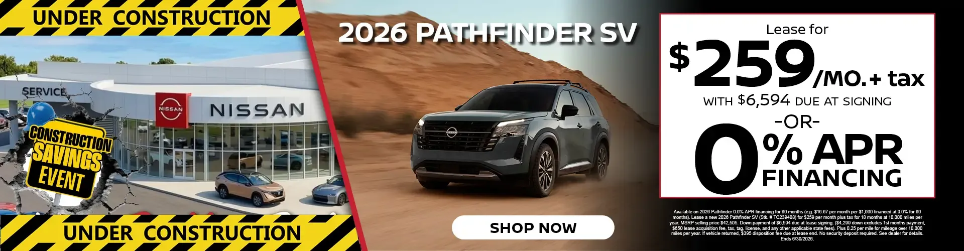 Bella Nissan of Venice lease the 2026 Pathfinder SV for $259 per month or get zero percent financing.